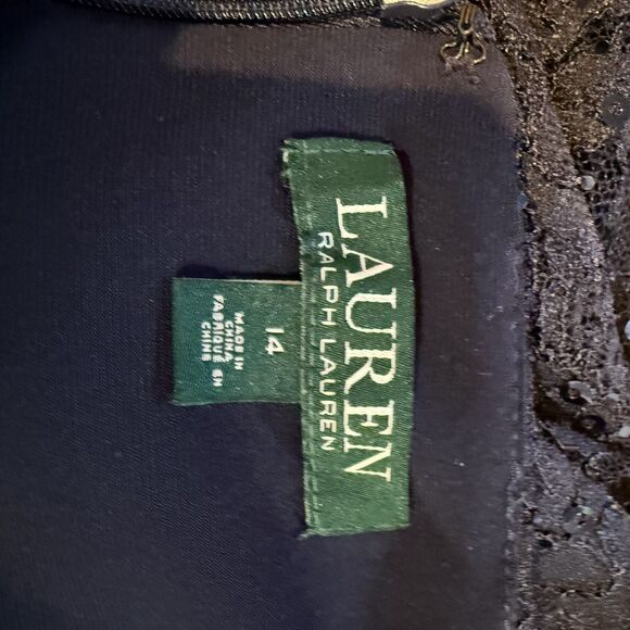 Ralph Lauren‎ Blue Midi Long Sleeves dress lace and sequins sz 14 Ruched Waist - Picture 7 of 9